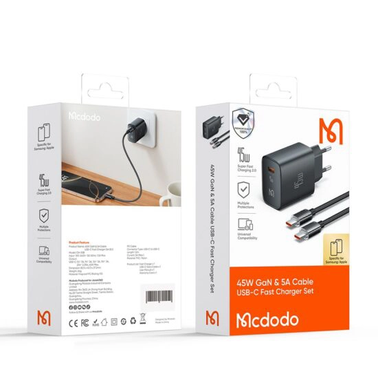 شارژر دیواری 45 وات مک دودو مدل ch-5080 به همراه کابل type-c به type-c