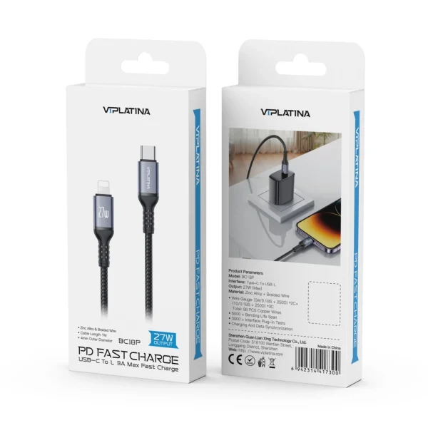 کابل Type-c to lightning وی آی پلاتینا VIPLATINA BC18P طول 1 متر 27W