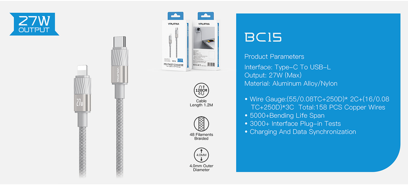 کابل Type-c به لایتنینگ وی آی پلاتینا VIPLATINA BC15 طول 1.2متر 27W - تصویر 3